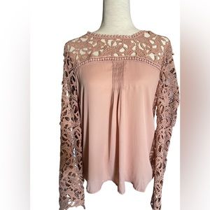 SheIn Pink Scoop Neck Lace Splicing Chiffon Blouse